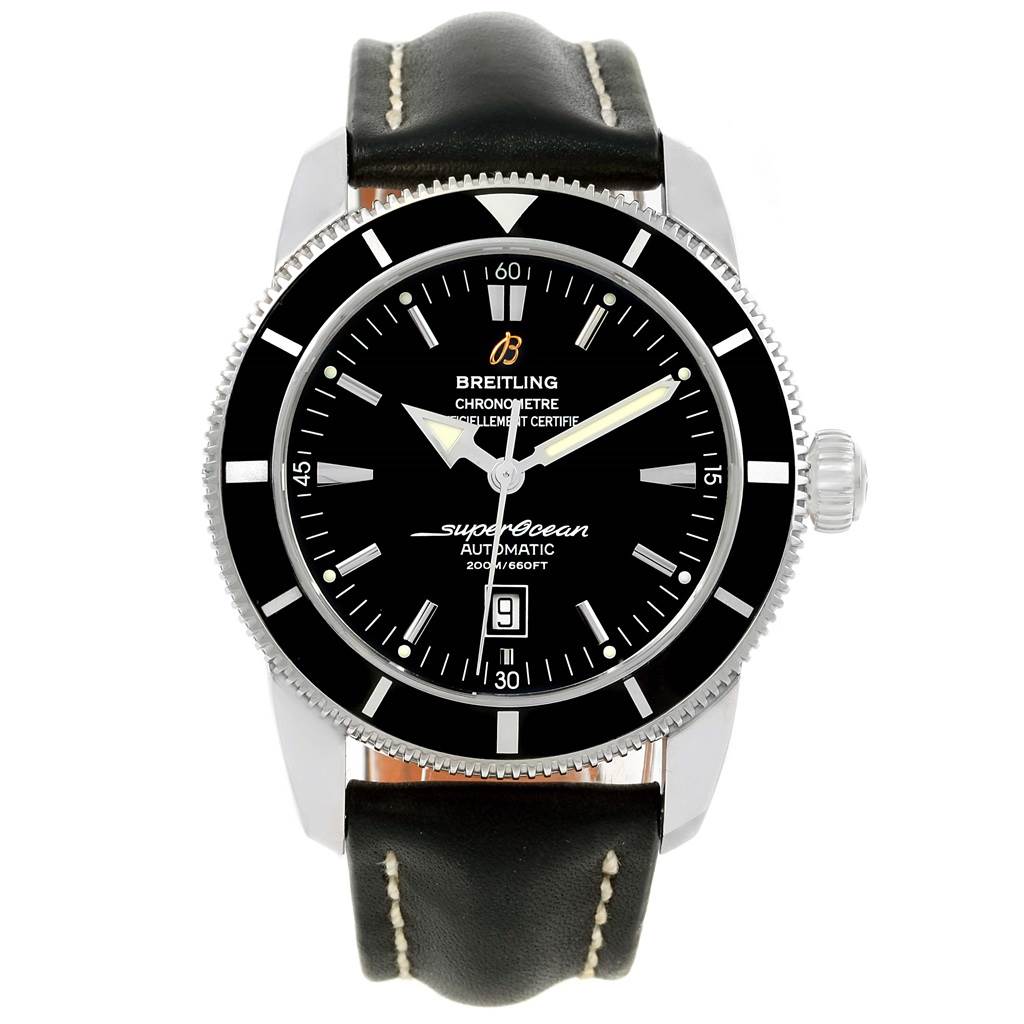 The image shows a front view of the Breitling Superocean A17320 Men's Stainless Steel Black Dial A17320 Men's Stainless Steel Black Dial watch displaying its black dial, bezel, and leather strap.