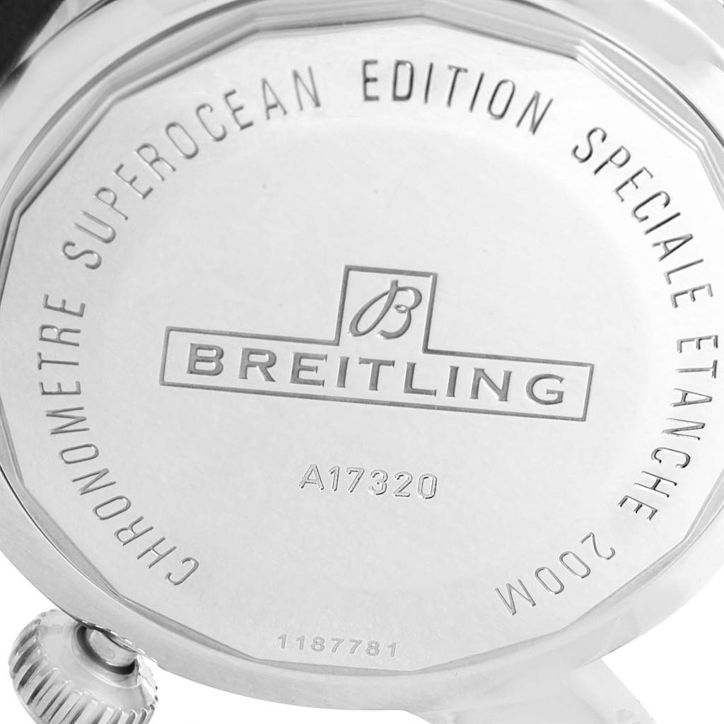 The image shows the case back and part of the crown of a Breitling Superocean A17320 Men's Stainless Steel Black Dial A17320 Men's Stainless Steel Black Dial watch.
