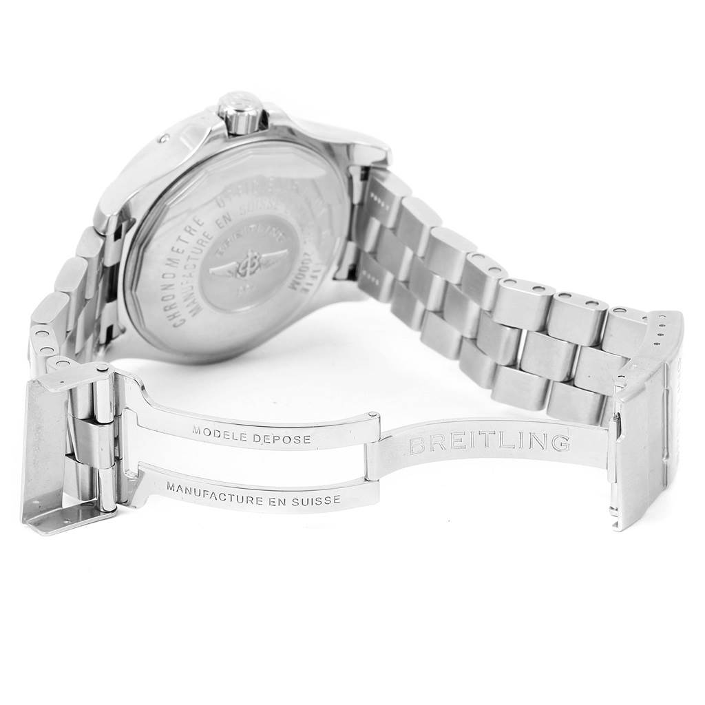 The image shows the back case and partially opened clasp of the Breitling Superocean A17390 Men's Stainless Steel Silver Dial A17390 Men's Stainless Steel Silver Dial watch from a rear angle.