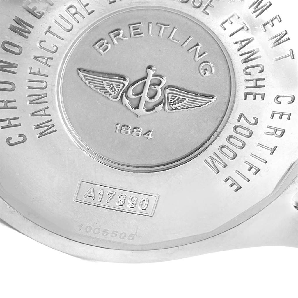 The image shows the back casing of a Breitling Superocean A17390 Men's Stainless Steel Silver Dial A17390 Men's Stainless Steel Silver Dial watch, highlighting the brand's logo, serial, and model number.