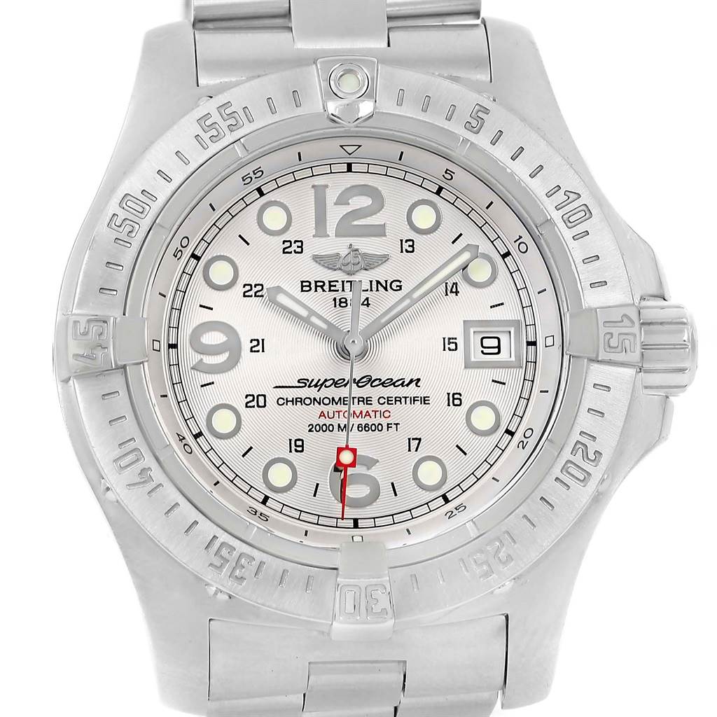 The image shows a front view of a Breitling Superocean A17390 Men's Stainless Steel Silver Dial A17390 Men's Stainless Steel Silver Dial watch, displaying its dial, bezel, and part of the bracelet.