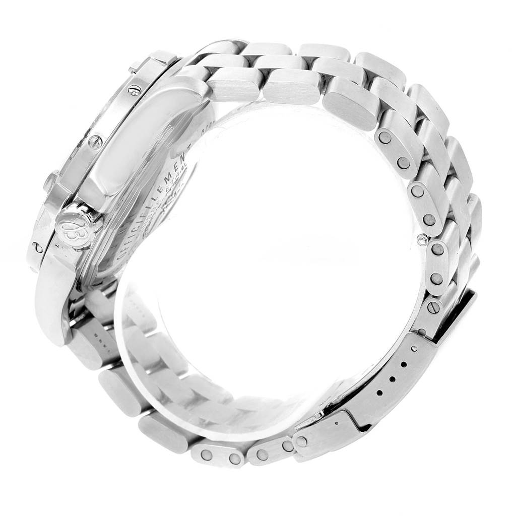 The image shows a side profile of a Breitling Superocean A17390 Men's Stainless Steel Silver Dial A17390 Men's Stainless Steel Silver Dial watch, focusing on the metal bracelet, case, and crown.