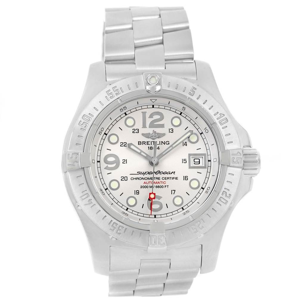 The image shows a front view of a Breitling Superocean A17390 Men's Stainless Steel Silver Dial A17390 Men's Stainless Steel Silver Dial watch, highlighting its face, bezel, and bracelet.