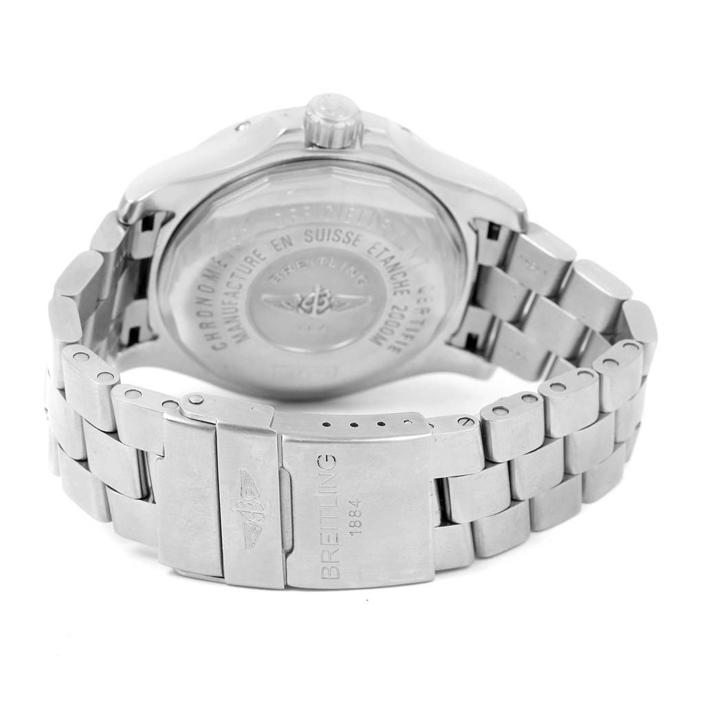 This image shows the back view of the Breitling Superocean A17390 Men's Stainless Steel Silver Dial A17390 Men's Stainless Steel Silver Dial watch, focusing on the case back and stainless steel bracelet.