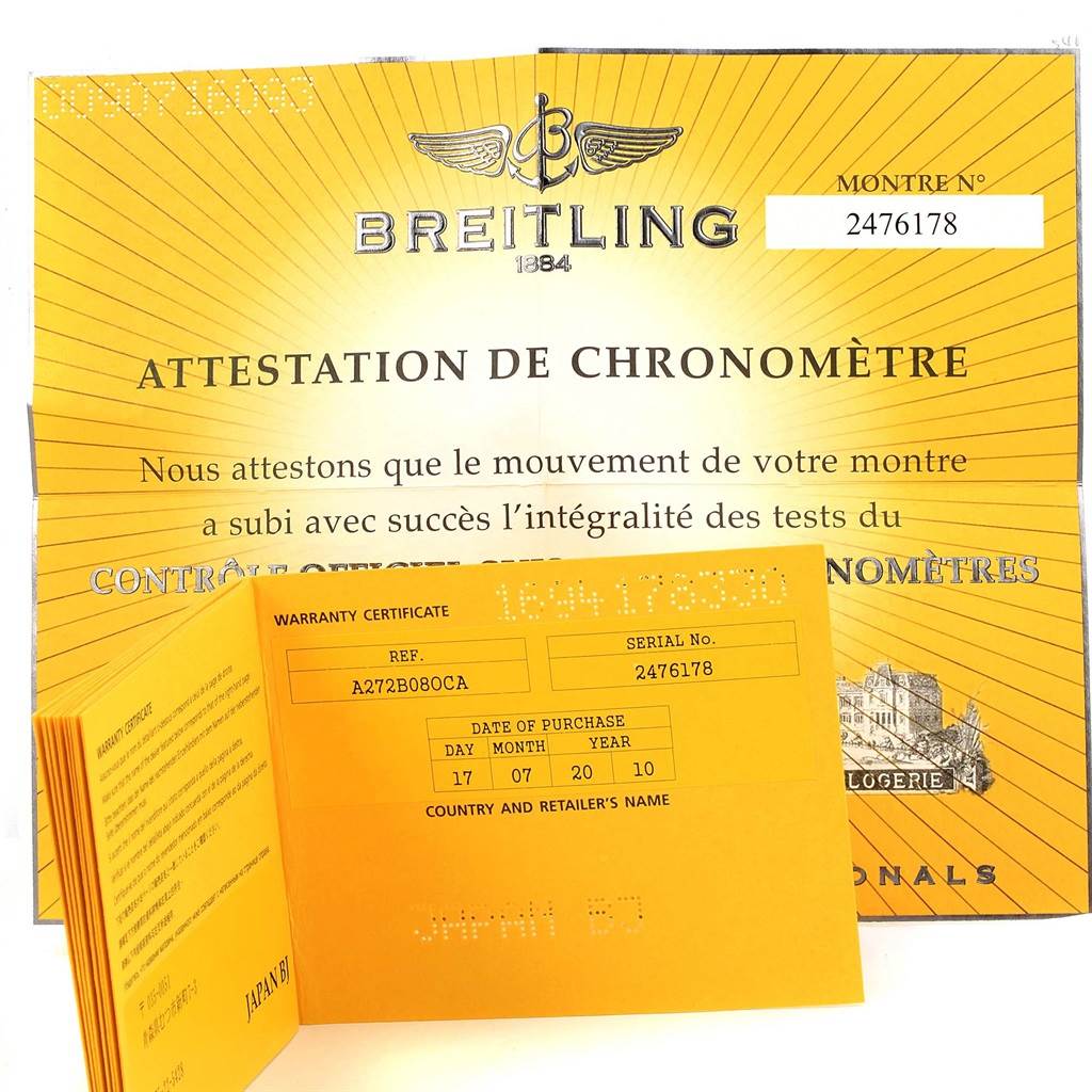 The image shows the warranty certificate and chronometer certification for a Breitling Superocean A13320 Men's Stainless Steel Black Dial A13320 Men's Stainless Steel Black Dial watch.