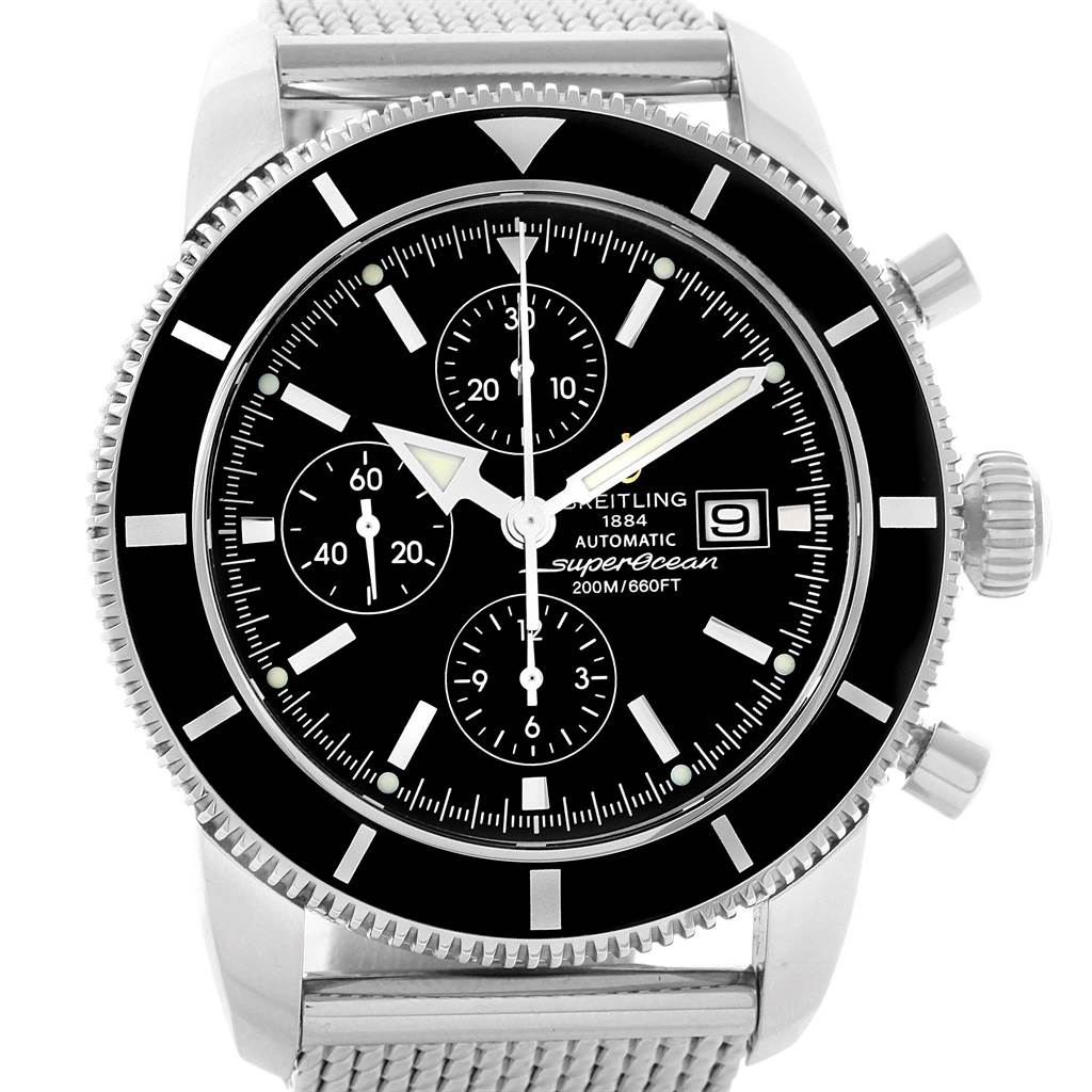 The Superocean watch by Breitling is shown from a frontal angle, highlighting the dial, chronograph subdials, bezel, and crown.
