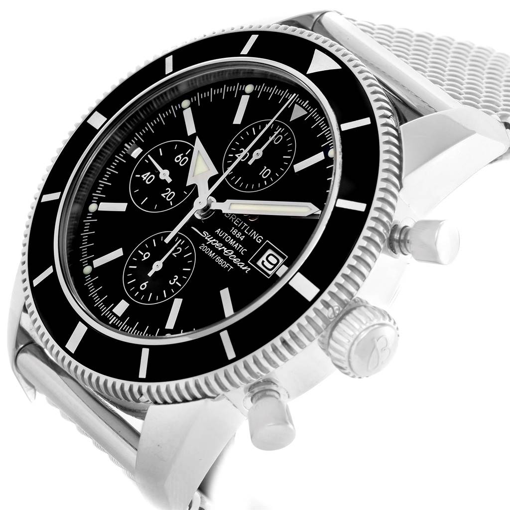 The image shows a Breitling Superocean A13320 Men's Stainless Steel Black Dial A13320 Men's Stainless Steel Black Dial watch at an angled view, highlighting its bezel, subdials, mesh bracelet, and side pushers.