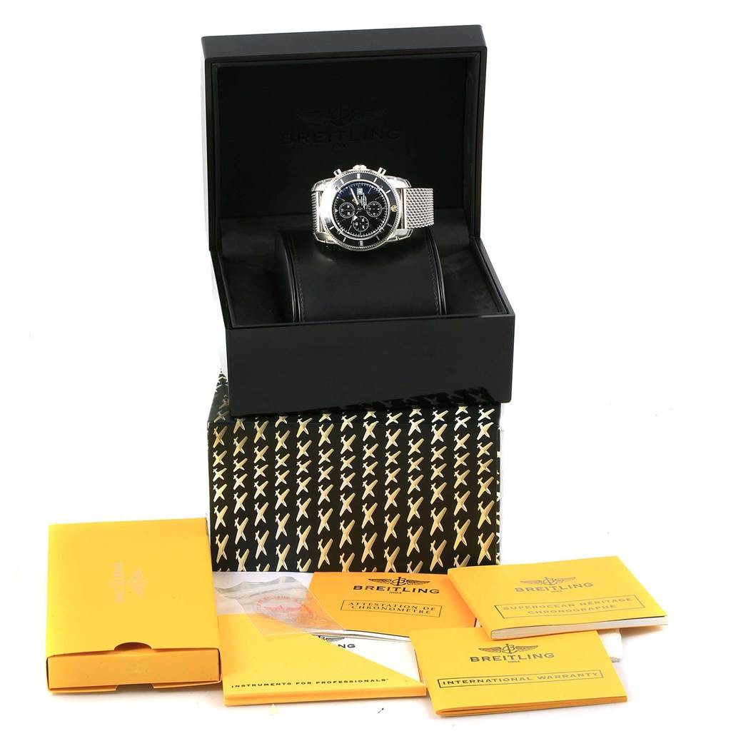 The Breitling Superocean A13320 Men's Stainless Steel Black Dial A13320 Men's Stainless Steel Black Dial watch is shown from a front angle, displayed in its box with documentation and warranty booklets.