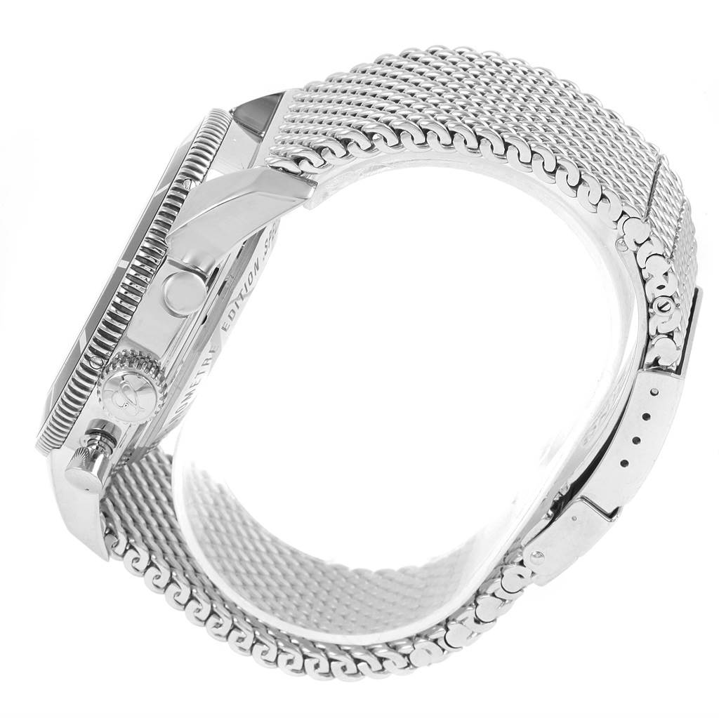 The image shows a side view of the Breitling Superocean A13320 Men's Stainless Steel Black Dial A13320 Men's Stainless Steel Black Dial watch, displaying its bezel, crown, pushers, and mesh bracelet.