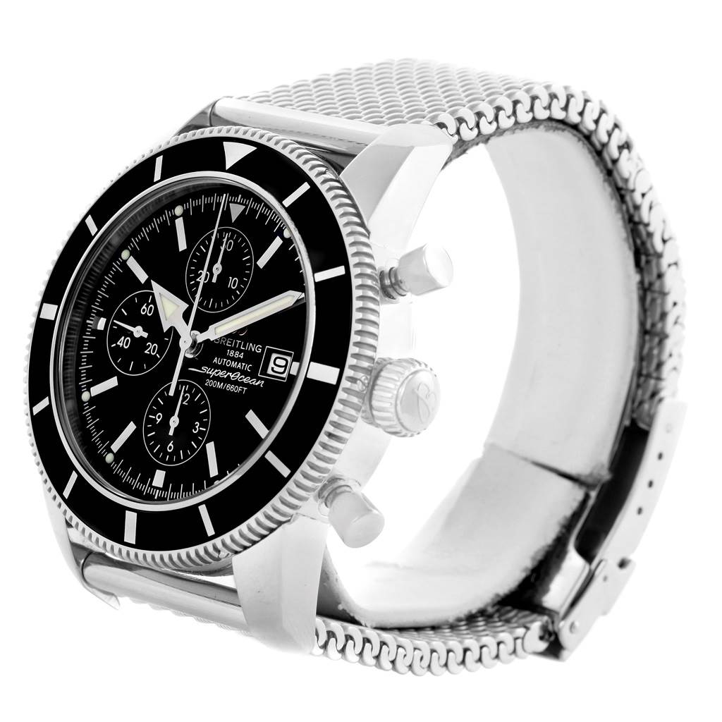 This image shows a Breitling Superocean A13320 Men's Stainless Steel Black Dial A13320 Men's Stainless Steel Black Dial watch from an angled side view displaying the dial, bezel, crown, pushers, and mesh strap.