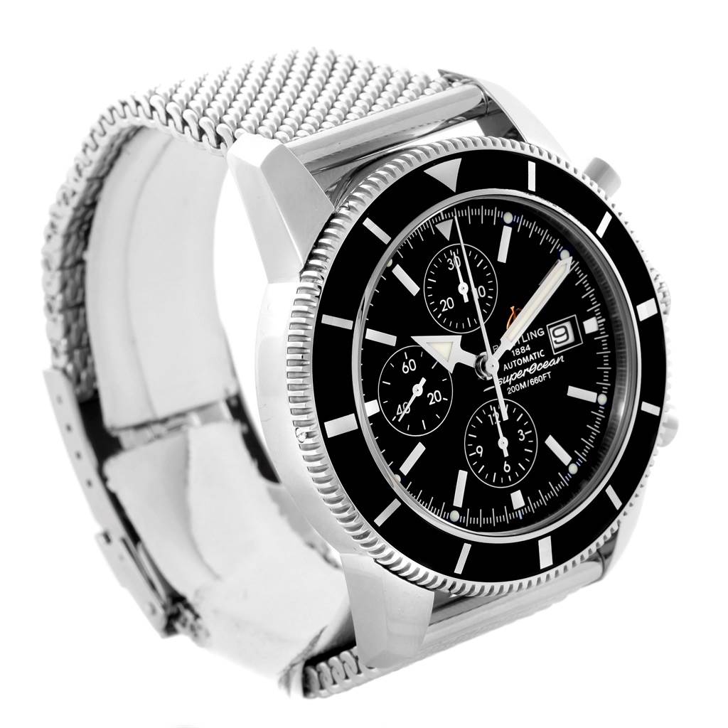 The image shows a Breitling Superocean A13320 Men's Stainless Steel Black Dial A13320 Men's Stainless Steel Black Dial watch diagonally angled to display its face, bezel, crown, and part of the metal strap.