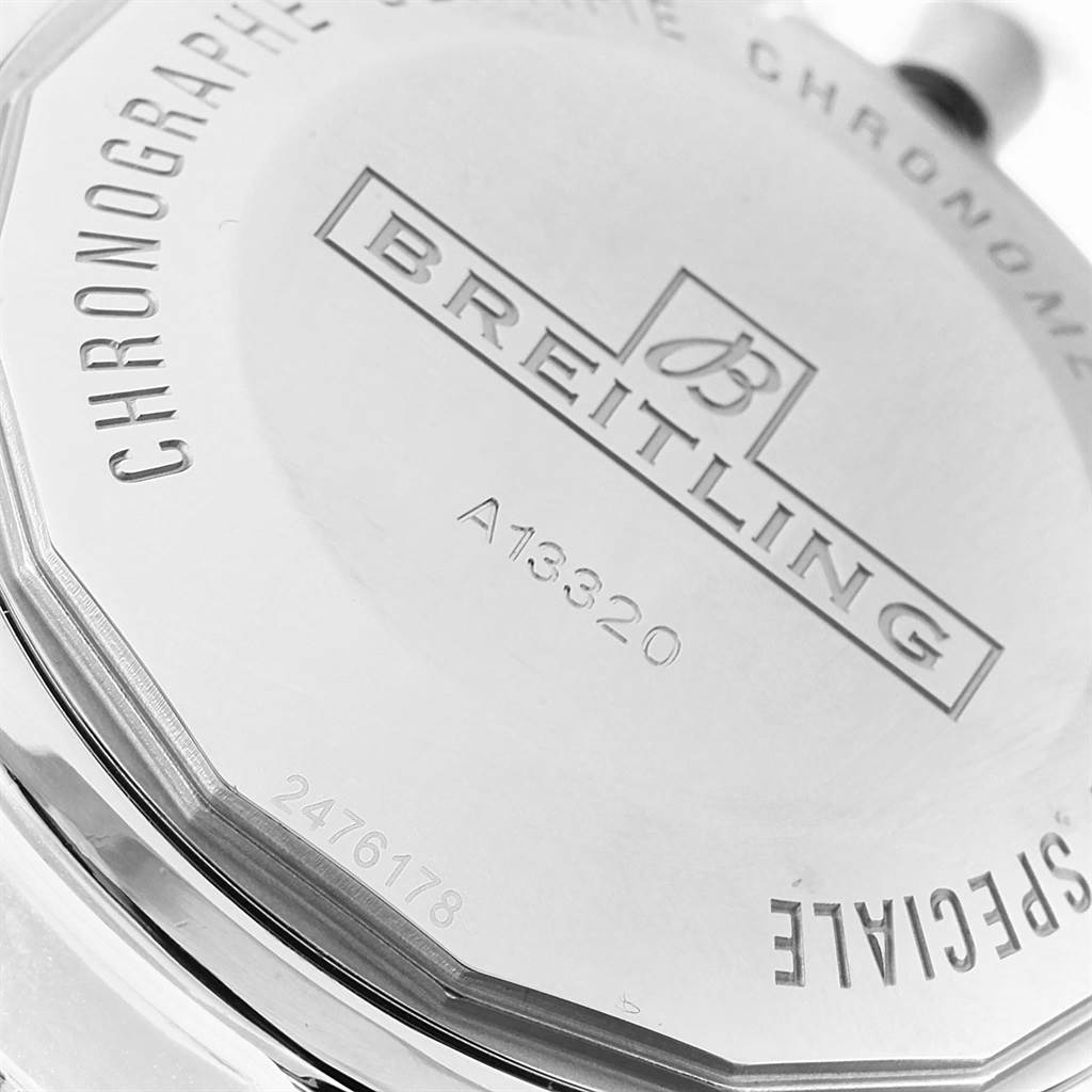 This image shows the case back of a Breitling Superocean A13320 Men's Stainless Steel Black Dial A13320 Men's Stainless Steel Black Dial model, highlighting the brand logo and model number.