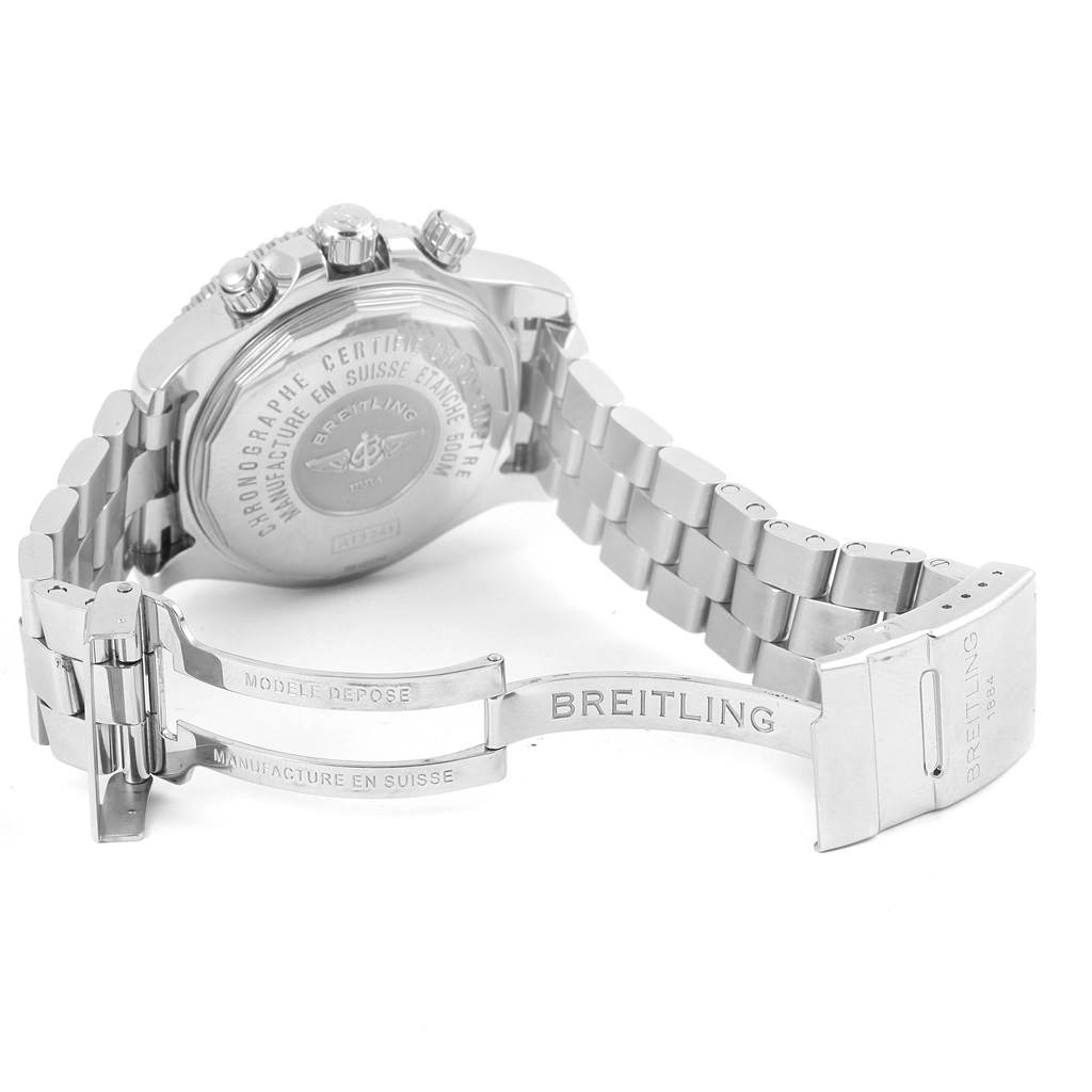 The image showcases the back and clasp of a Breitling Superocean A13341 Men's Stainless Steel Black Dial A13341 Men's Stainless Steel Black Dial watch, highlighting the bracelet and engraved details.