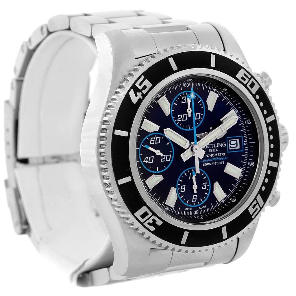 The image shows a front-side angle of the Breitling Superocean A13341 Men's Stainless Steel Black Dial A13341 Men's Stainless Steel Black Dial watch, highlighting its blue dial, bezel, and metal bracelet.
