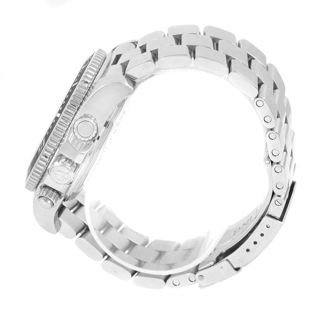 The Breitling Superocean A13341 Men's Stainless Steel Black Dial A13341 Men's Stainless Steel Black Dial watch is shown from a side angle, highlighting the bezel, crown, and stainless steel bracelet.