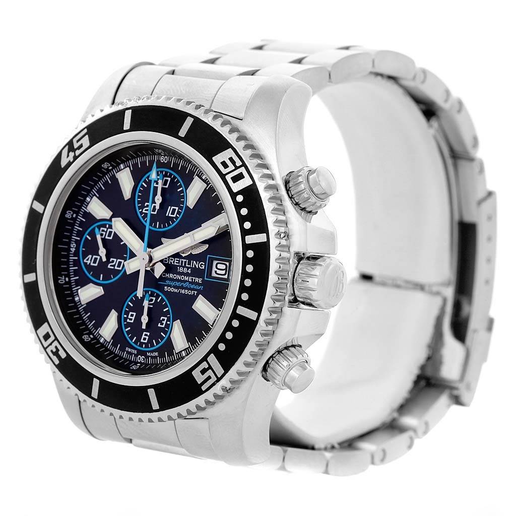 The image shows a Breitling Superocean A13341 Men's Stainless Steel Black Dial A13341 Men's Stainless Steel Black Dial watch at a three-quarter angle, highlighting its bezel, dial, chronographs, and stainless steel bracelet.