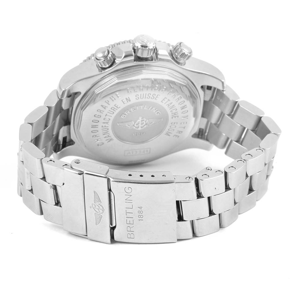 The image shows the back view of a Breitling Superocean A13341 Men's Stainless Steel Black Dial A13341 Men's Stainless Steel Black Dial watch, highlighting the case back, bracelet, and clasp.