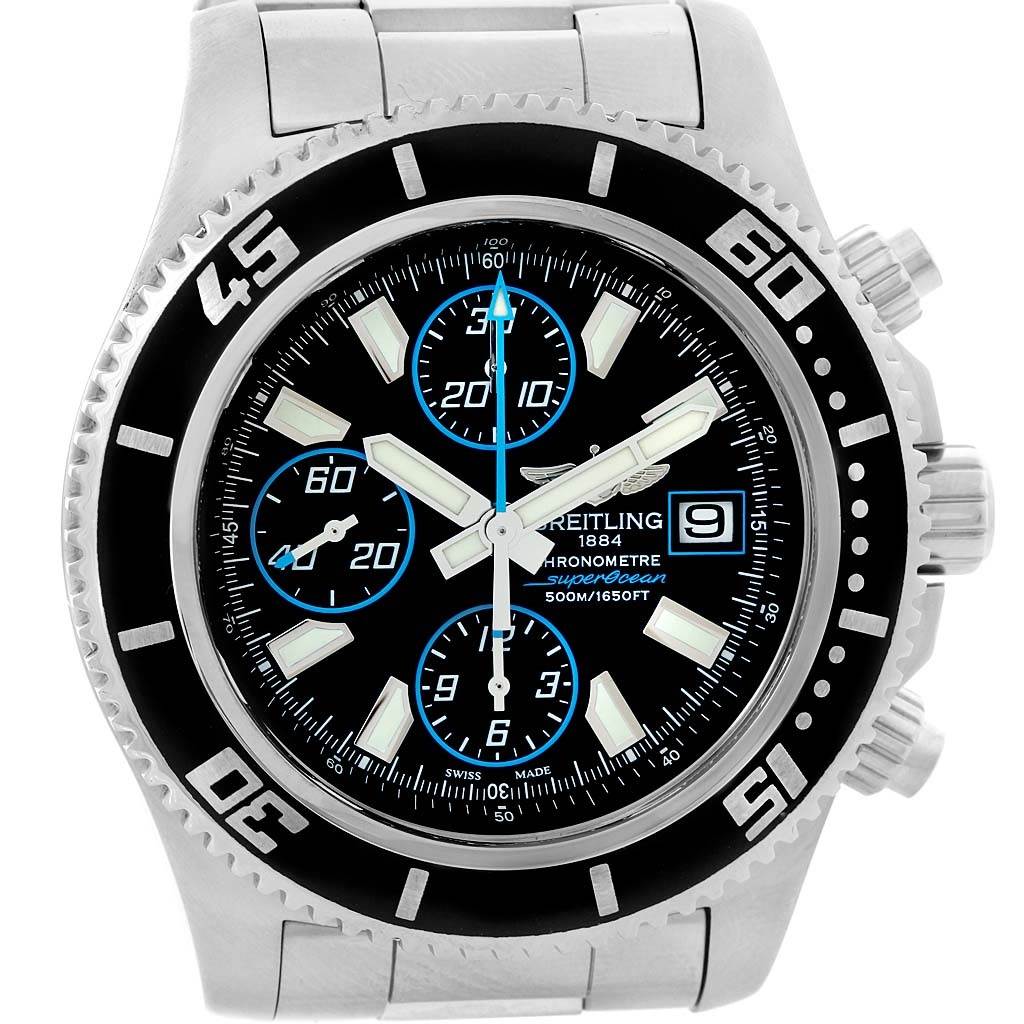 The image shows a Breitling Superocean A13341 Men's Stainless Steel Black Dial A13341 Men's Stainless Steel Black Dial watch, featuring a front view including the dial, bezel, and part of the bracelet.