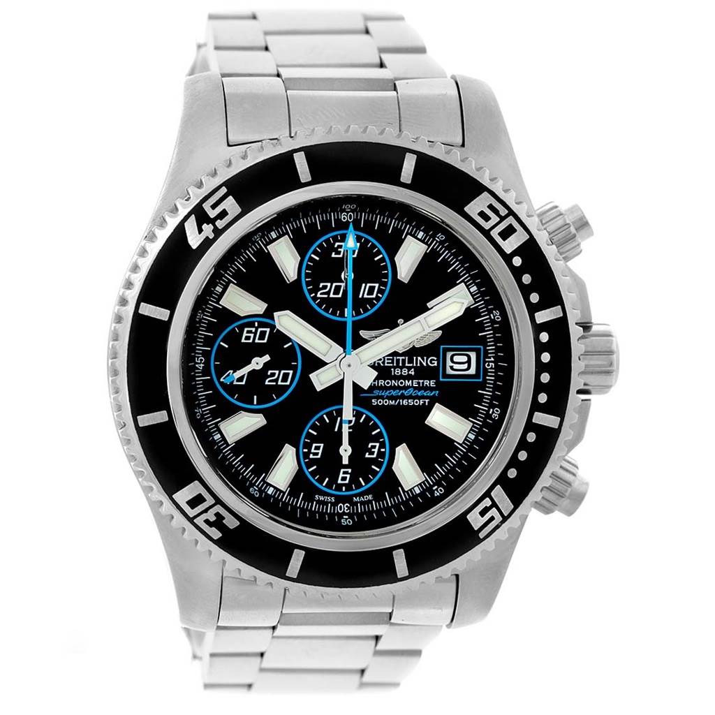 The image shows a front view of a Breitling Superocean A13341 Men's Stainless Steel Black Dial A13341 Men's Stainless Steel Black Dial watch, highlighting its face, bezel, and stainless steel bracelet.