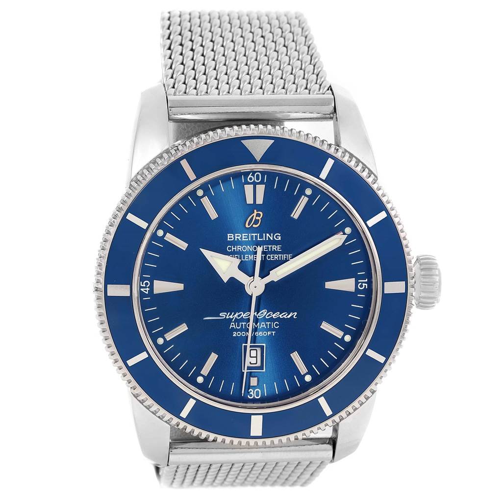 This Breitling Superocean A17320 Men's Stainless Steel Blue Dial A17320 Men's Stainless Steel Blue Dial watch is shown from a frontal view, displaying the blue dial, rotating bezel, and stainless steel mesh bracelet.