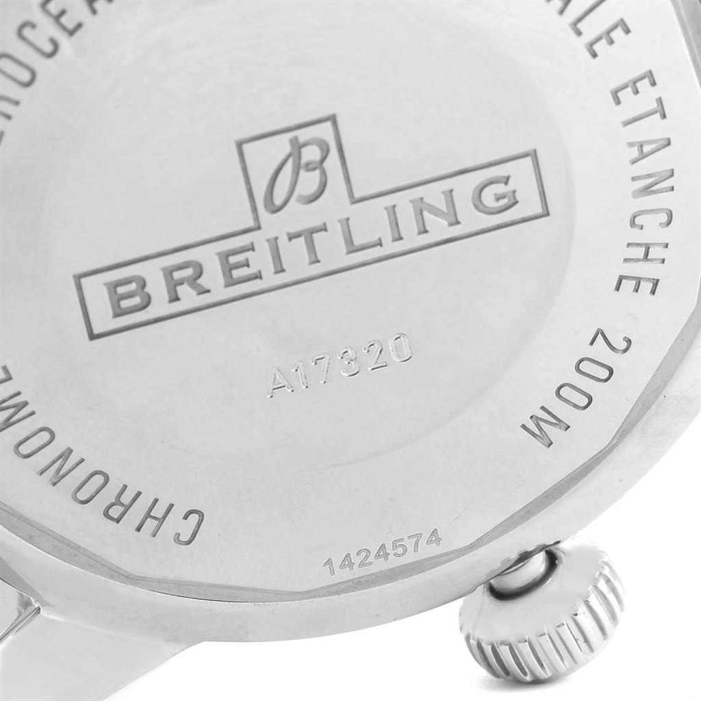 The image shows the back casing and crown of a Breitling Superocean A17320 Men's Stainless Steel Blue Dial A17320 Men's Stainless Steel Blue Dial watch.