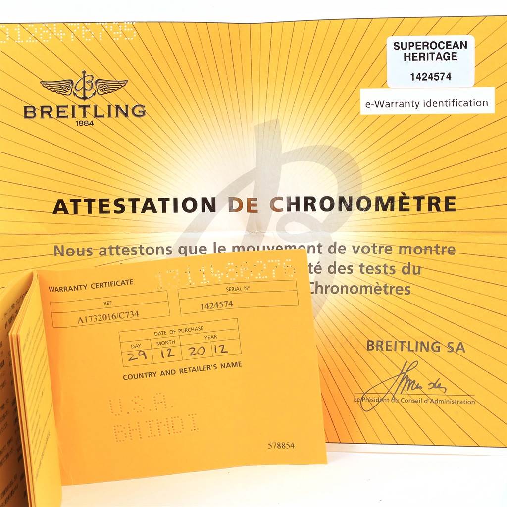 The image shows warranty and chronometer certificates for a Breitling Superocean A17320 Men's Stainless Steel Blue Dial A17320 Men's Stainless Steel Blue Dial Heritage watch, with serial number and purchase details visible.