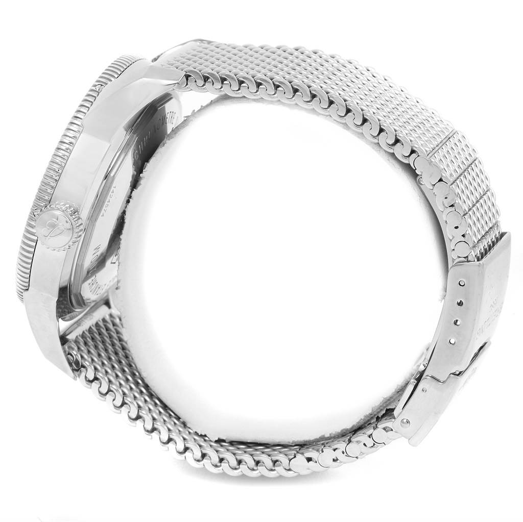 This side angle image shows the metal mesh strap and buckle of a Breitling Superocean A17320 Men's Stainless Steel Blue Dial A17320 Men's Stainless Steel Blue Dial watch, highlighting its clasp mechanism.