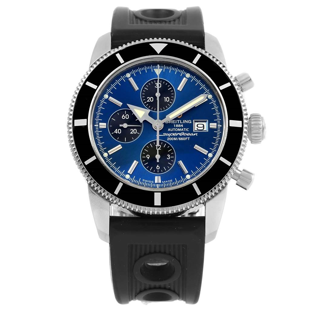 This Breitling Superocean A13320 Men's Stainless Steel Blue Dial A13320 Men's Stainless Steel Blue Dial watch is shown from a front angle, featuring its blue dial, black bezel, and black rubber strap.