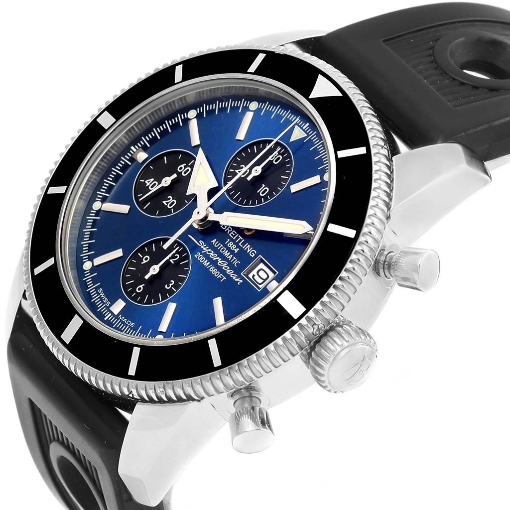 The image shows a Breitling Superocean A13320 Men's Stainless Steel Blue Dial A13320 Men's Stainless Steel Blue Dial watch from a side angle, highlighting the bezel, chronograph dials, date display, and crown.