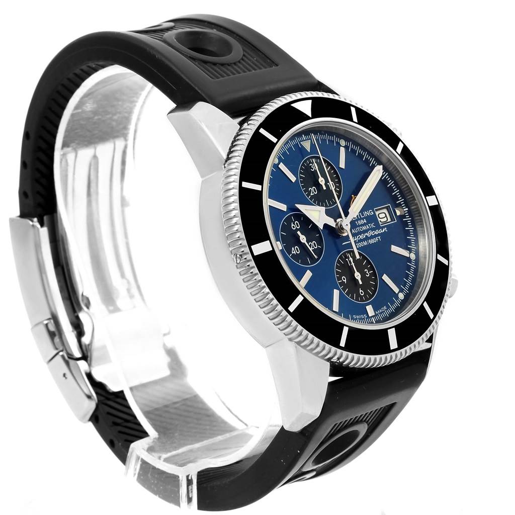 The Breitling Superocean A13320 Men's Stainless Steel Blue Dial A13320 Men's Stainless Steel Blue Dial watch is shown at a slight side angle, revealing its face, bezel, case, and part of the strap.