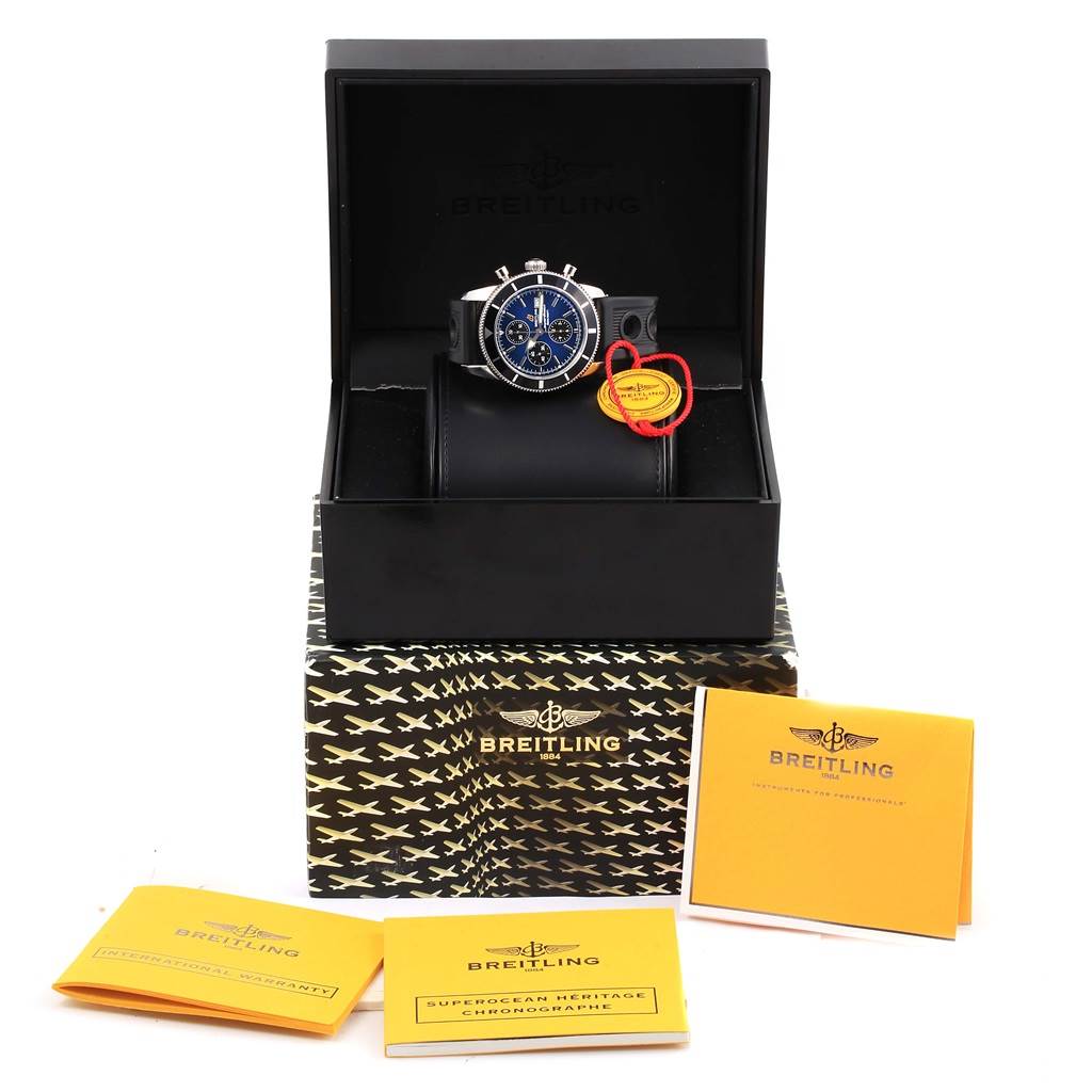 The Breitling Superocean A13320 Men's Stainless Steel Blue Dial A13320 Men's Stainless Steel Blue Dial watch is displayed in a box, with booklets and tags shown in front.
