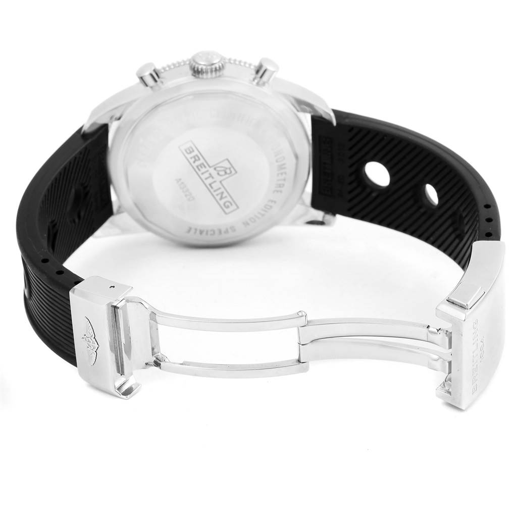 The image shows the back view of a Breitling Superocean A13320 Men's Stainless Steel Blue Dial A13320 Men's Stainless Steel Blue Dial model watch, highlighting the case back and the open clasp of the strap.