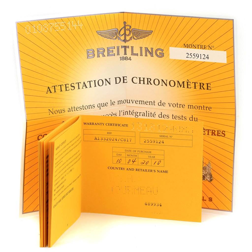 The image shows warranty and chronometer certification papers for the Breitling Superocean A13320 Men's Stainless Steel Blue Dial A13320 Men's Stainless Steel Blue Dial model.