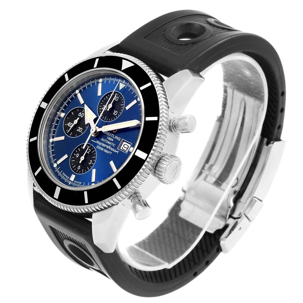 This image shows a Breitling Superocean A13320 Men's Stainless Steel Blue Dial A13320 Men's Stainless Steel Blue Dial watch angled from the side, highlighting the face, bezel, pushers, and rubber strap.