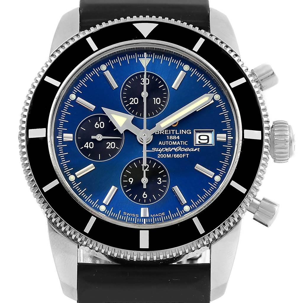The Breitling Superocean A13320 Men's Stainless Steel Blue Dial A13320 Men's Stainless Steel Blue Dial watch is shown from a front angle, highlighting its blue dial, subdials, date window, and black bezel.