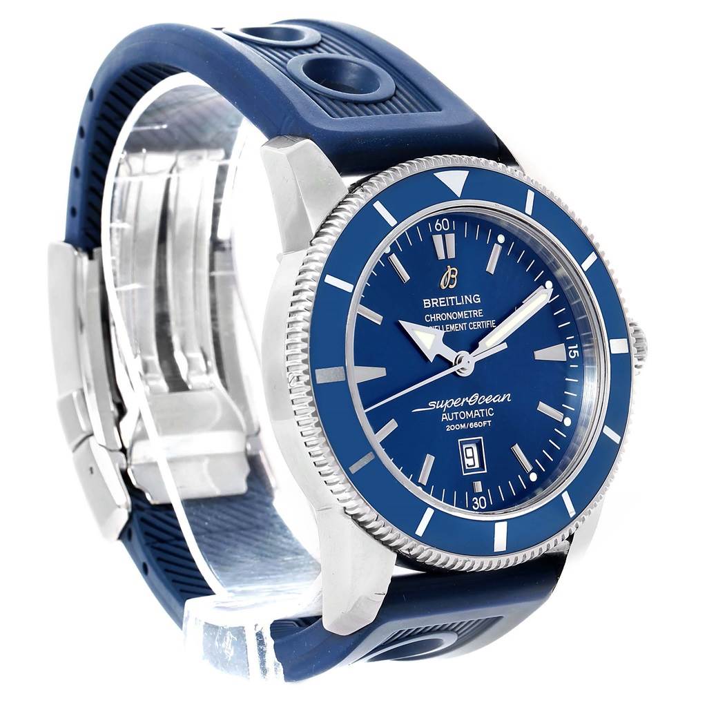 This image shows a front-side angle of a Breitling Superocean A17320 Men's Stainless Steel Blue Dial A17320 Men's Stainless Steel Blue Dial watch, featuring its blue dial, bezel, and blue strap.
