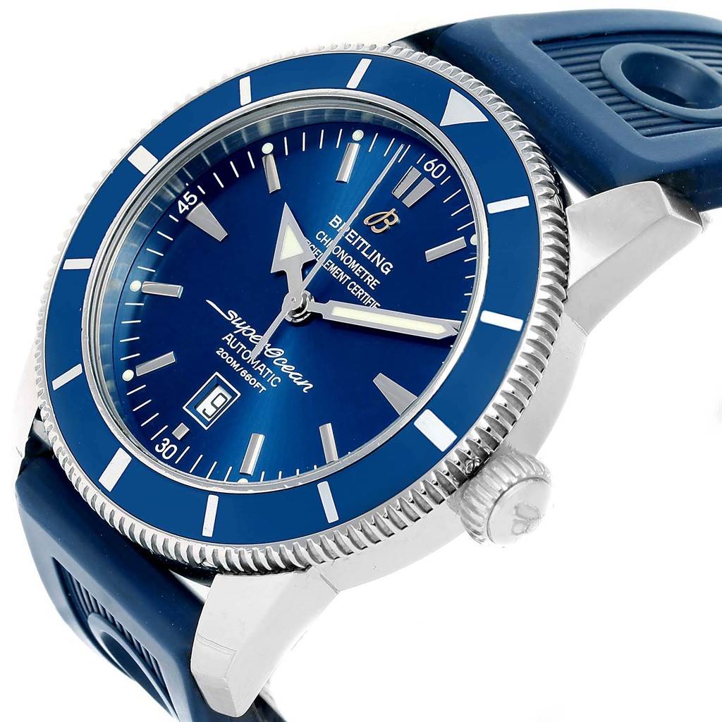This Breitling Superocean A17320 Men's Stainless Steel Blue Dial A17320 Men's Stainless Steel Blue Dial watch is shown at an angle, highlighting the face, bezel, crown, and blue strap.
