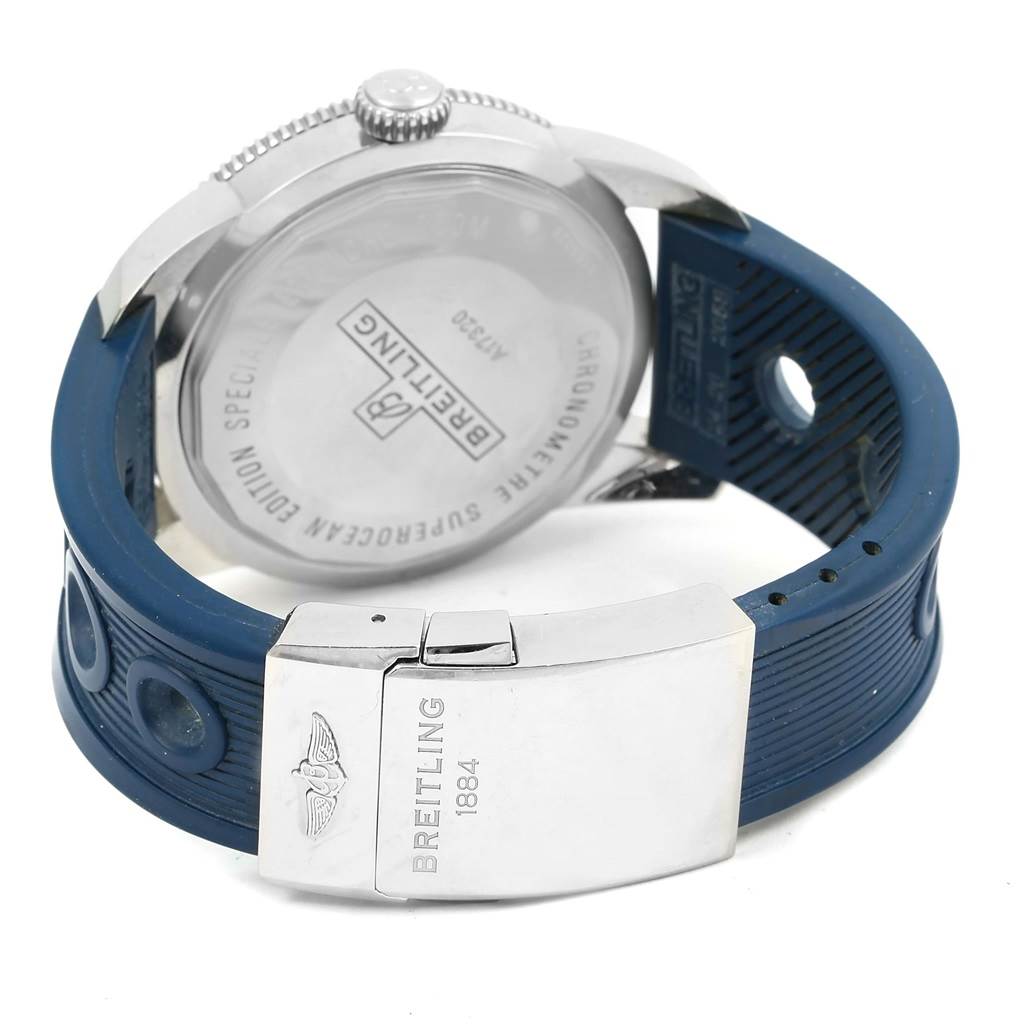 The image shows the back case and clasp of a Breitling Superocean A17320 Men's Stainless Steel Blue Dial A17320 Men's Stainless Steel Blue Dial watch from a rear angle.