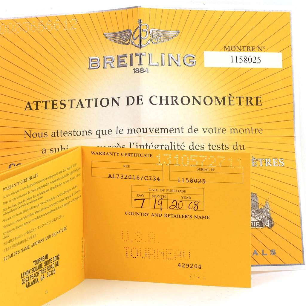 The image shows the warranty certificate and chronometer certification for a Breitling Superocean A17320 Men's Stainless Steel Blue Dial A17320 Men's Stainless Steel Blue Dial watch.