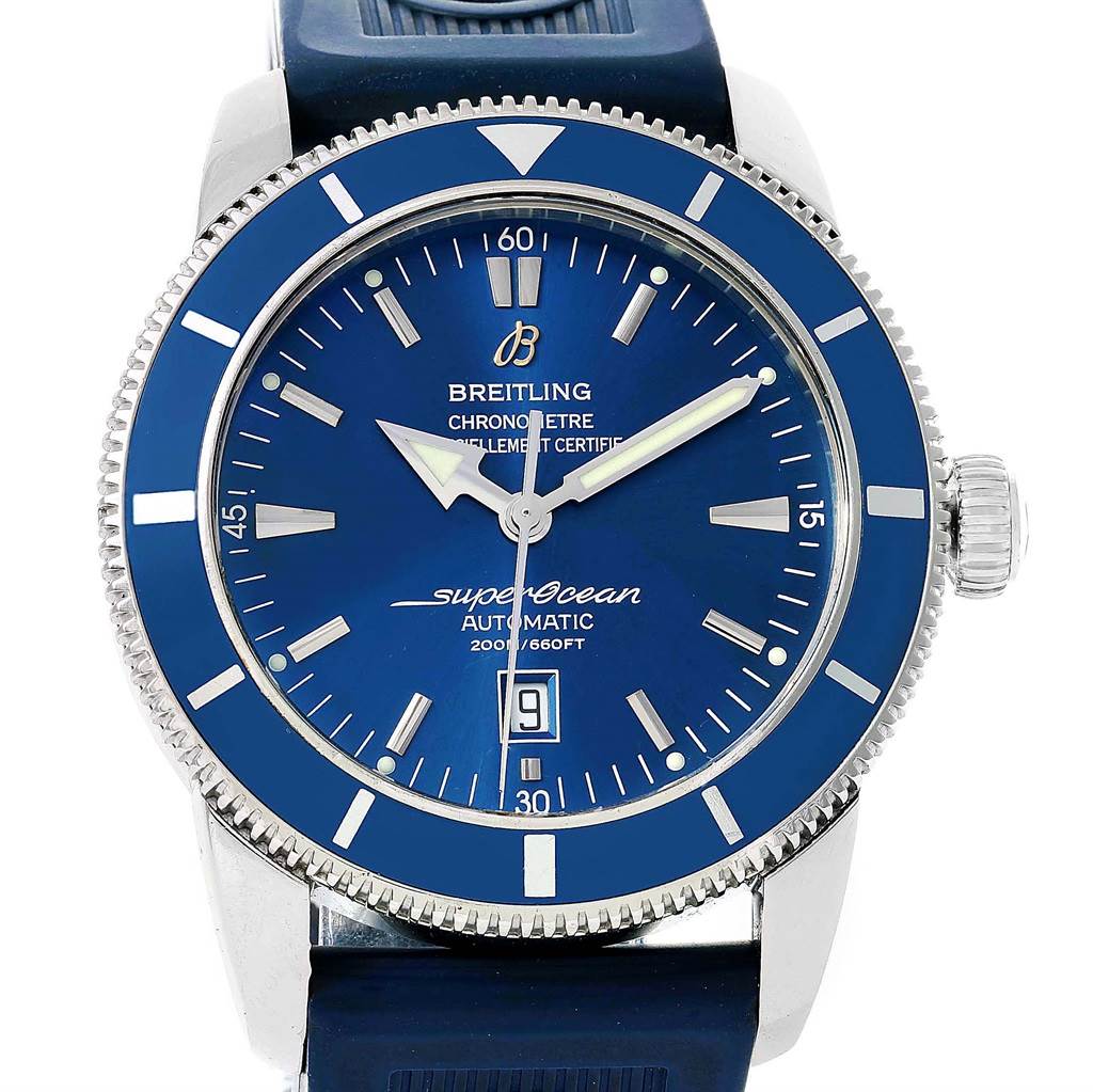 The image shows a front view of a Breitling Superocean A17320 Men's Stainless Steel Blue Dial A17320 Men's Stainless Steel Blue Dial watch, including its face, bezel, and part of the strap.