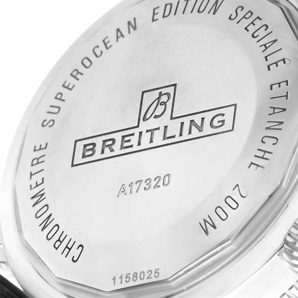 The image shows a close-up of the back casing of a Breitling Superocean A17320 Men's Stainless Steel Blue Dial A17320 Men's Stainless Steel Blue Dial watch.