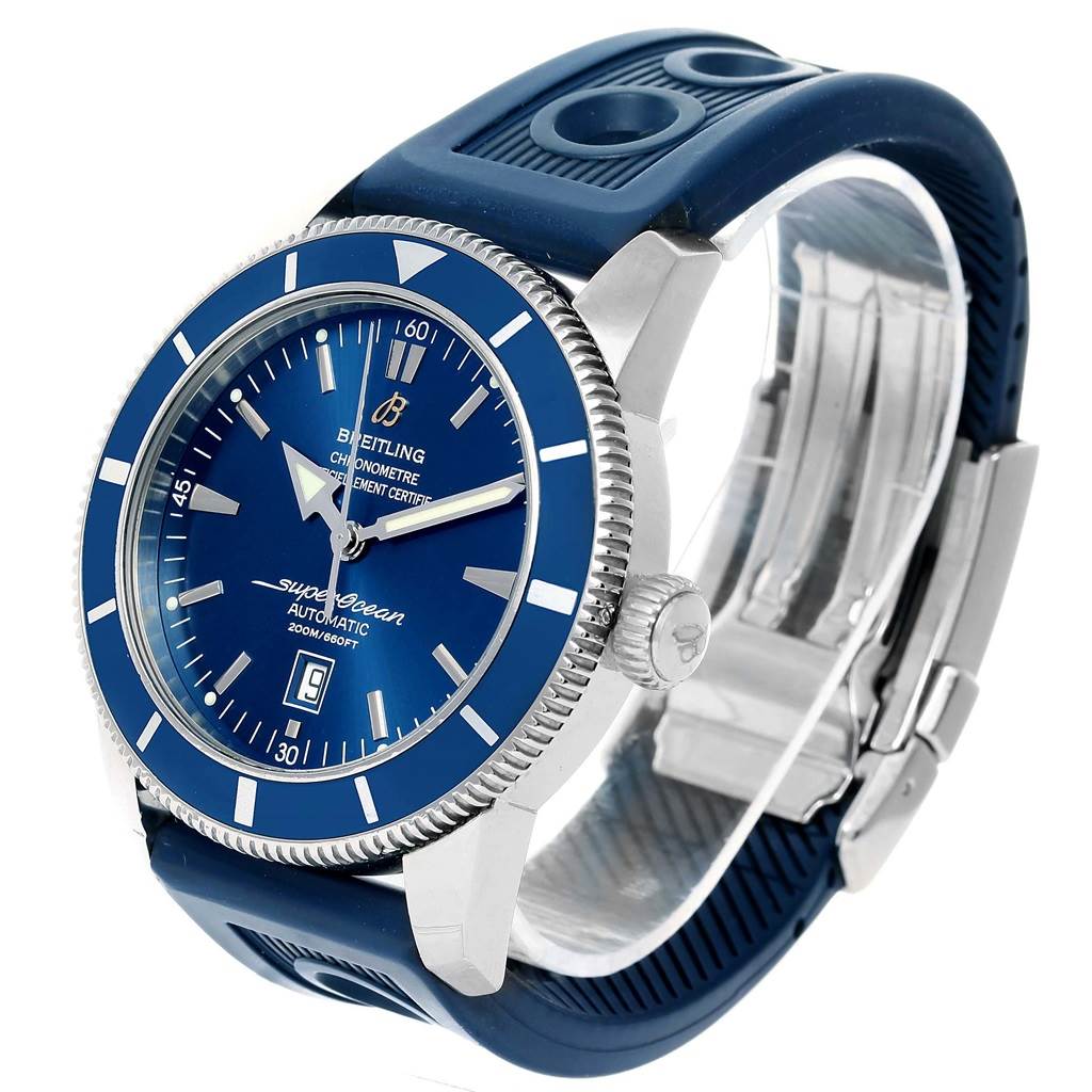 This image shows a Breitling Superocean A17320 Men's Stainless Steel Blue Dial A17320 Men's Stainless Steel Blue Dial watch at an angled view, highlighting its blue dial, bezel, and rubber strap.