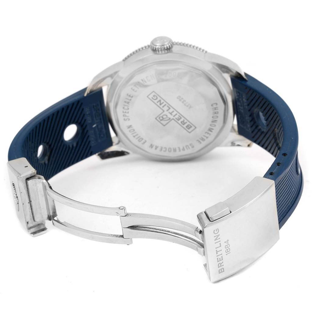 The image shows the back case and open clasp of the Breitling Superocean A17320 Men's Stainless Steel Blue Dial A17320 Men's Stainless Steel Blue Dial watch at an angle.