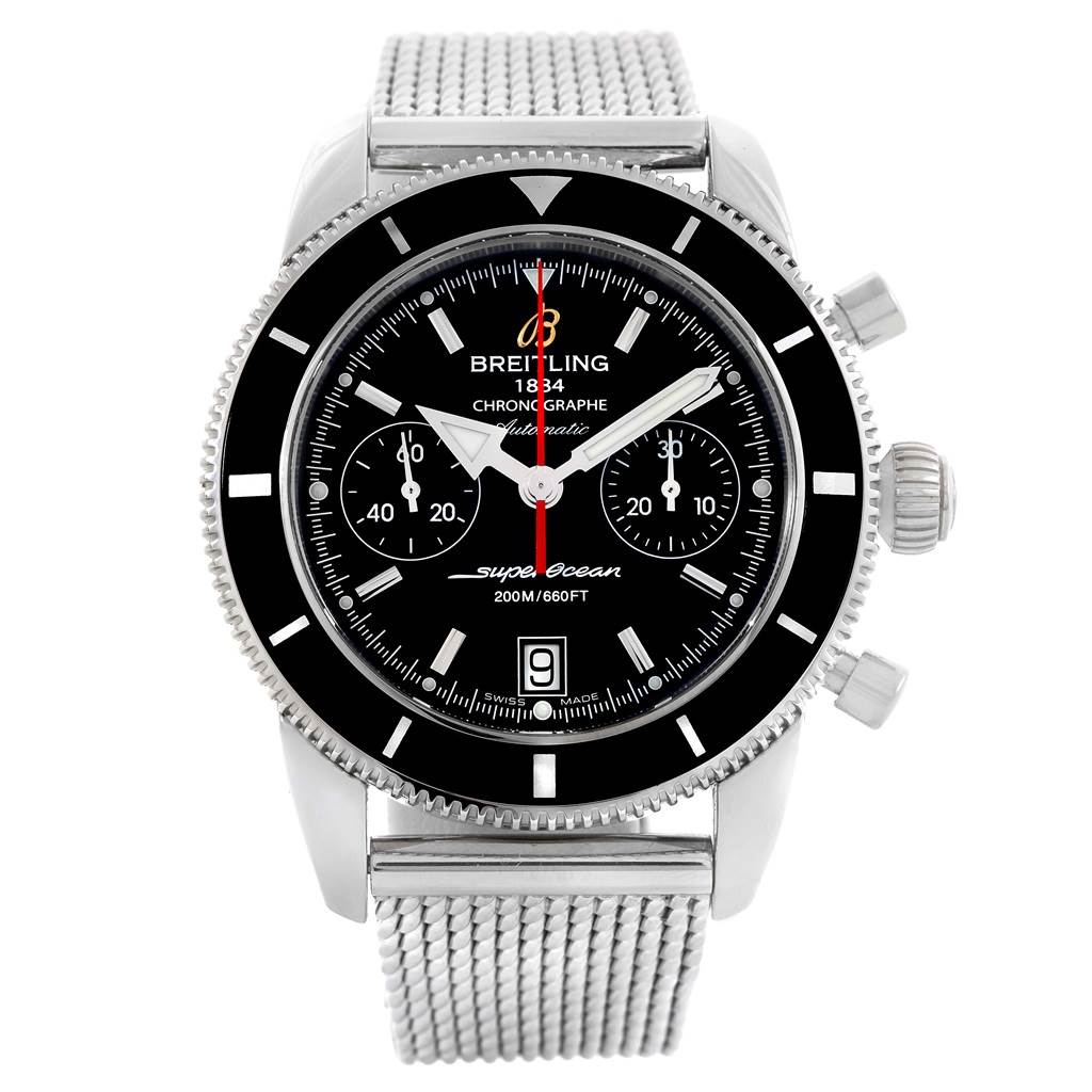 The image shows a front view of a Breitling Superocean A23370 Men's Stainless Steel Black Dial A23370 Men's Stainless Steel Black Dial watch displaying its dial, bezel, crown, pushers, and mesh strap.