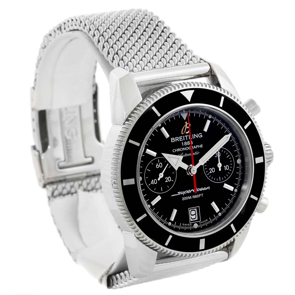 The Breitling Superocean A23370 Men's Stainless Steel Black Dial A23370 Men's Stainless Steel Black Dial watch is shown at a slight side angle, displaying the mesh bracelet, chronograph face, bezel, and side crown.