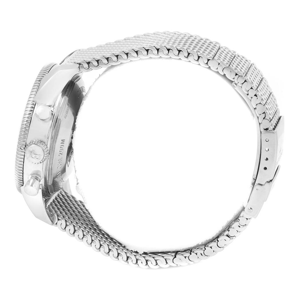 The image shows a side view of the Breitling Superocean A23370 Men's Stainless Steel Black Dial A23370 Men's Stainless Steel Black Dial watch, highlighting the bezel, crown, pushers, and the mesh bracelet.