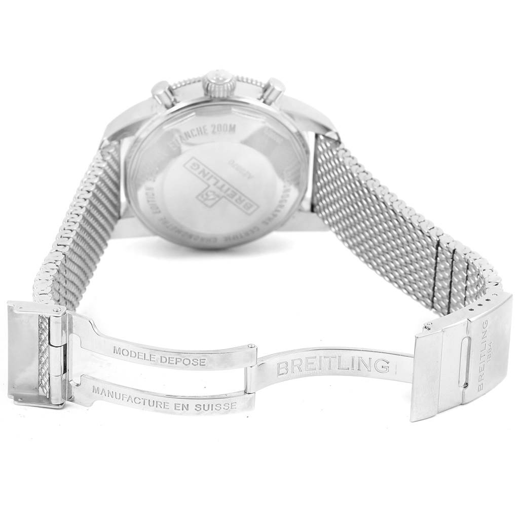 The image shows the back, crown, and clasp of the Breitling Superocean A23370 Men's Stainless Steel Black Dial A23370 Men's Stainless Steel Black Dial watch with an open metal mesh bracelet.