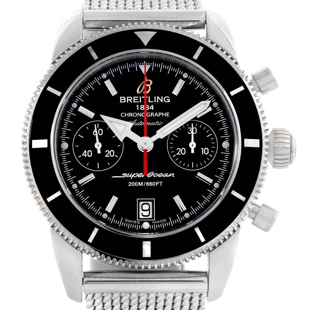 The image shows a frontal view of the Breitling Superocean A23370 Men's Stainless Steel Black Dial A23370 Men's Stainless Steel Black Dial watch, highlighting the dial, bezel, chronograph subdials, and mesh strap.