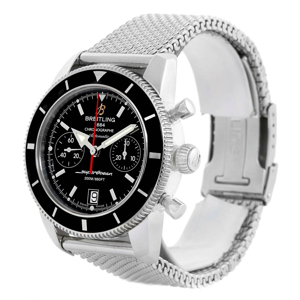 The Breitling Superocean A23370 Men's Stainless Steel Black Dial A23370 Men's Stainless Steel Black Dial watch is shown at a three-quarter angle, displaying the bezel, dial, chronograph pushers, and mesh bracelet.