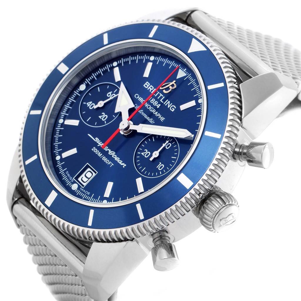 The image shows a Breitling Superocean A23370 Men's Stainless Steel Blue Dial A23370 Men's Stainless Steel Blue Dial watch at a side angle, displaying the face, bezel, crown, pushers, and part of the strap.